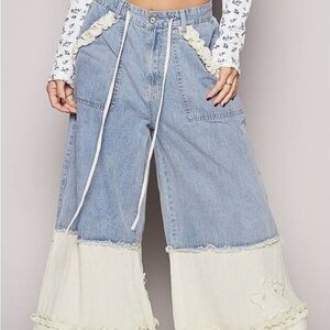 POL*NWOT*Large*High-waisted, wide-leg, patchwork denim jeans with ruffles